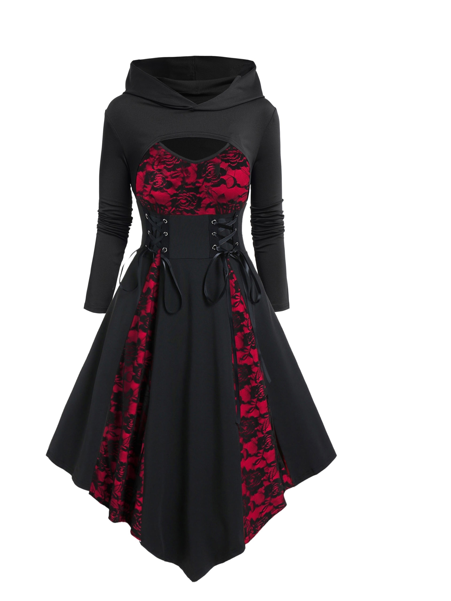 Gothic-Inspired Outfit Set: Rose Lace Contrast Dress - Image 2