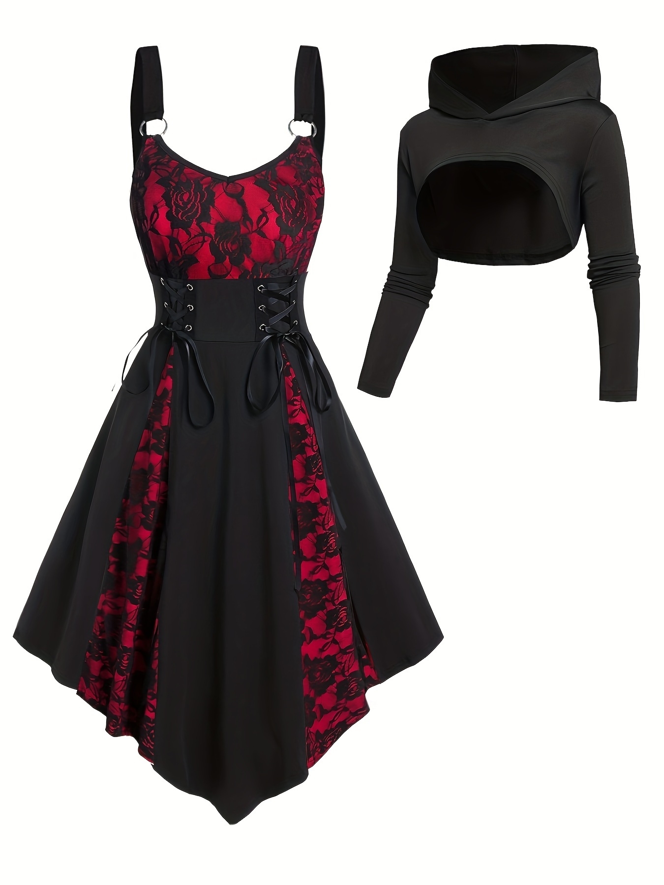 Gothic-Inspired Outfit Set: Rose Lace Contrast Dress