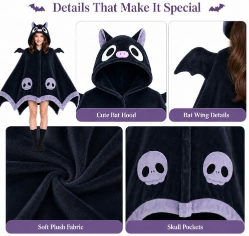 Cool Bat Blanket Hoodie, Wearable Bat Blanket for Adult, Halloween Costumes for Women, Halloween Pajamas Blanket, Cosplay Bat Cape Top : Home & Kitchen - Image 5