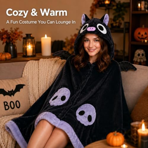Cool Bat Blanket Hoodie, Wearable Bat Blanket for Adult, Halloween Costumes for Women, Halloween Pajamas Blanket, Cosplay Bat Cape Top : Home & Kitchen - Image 7