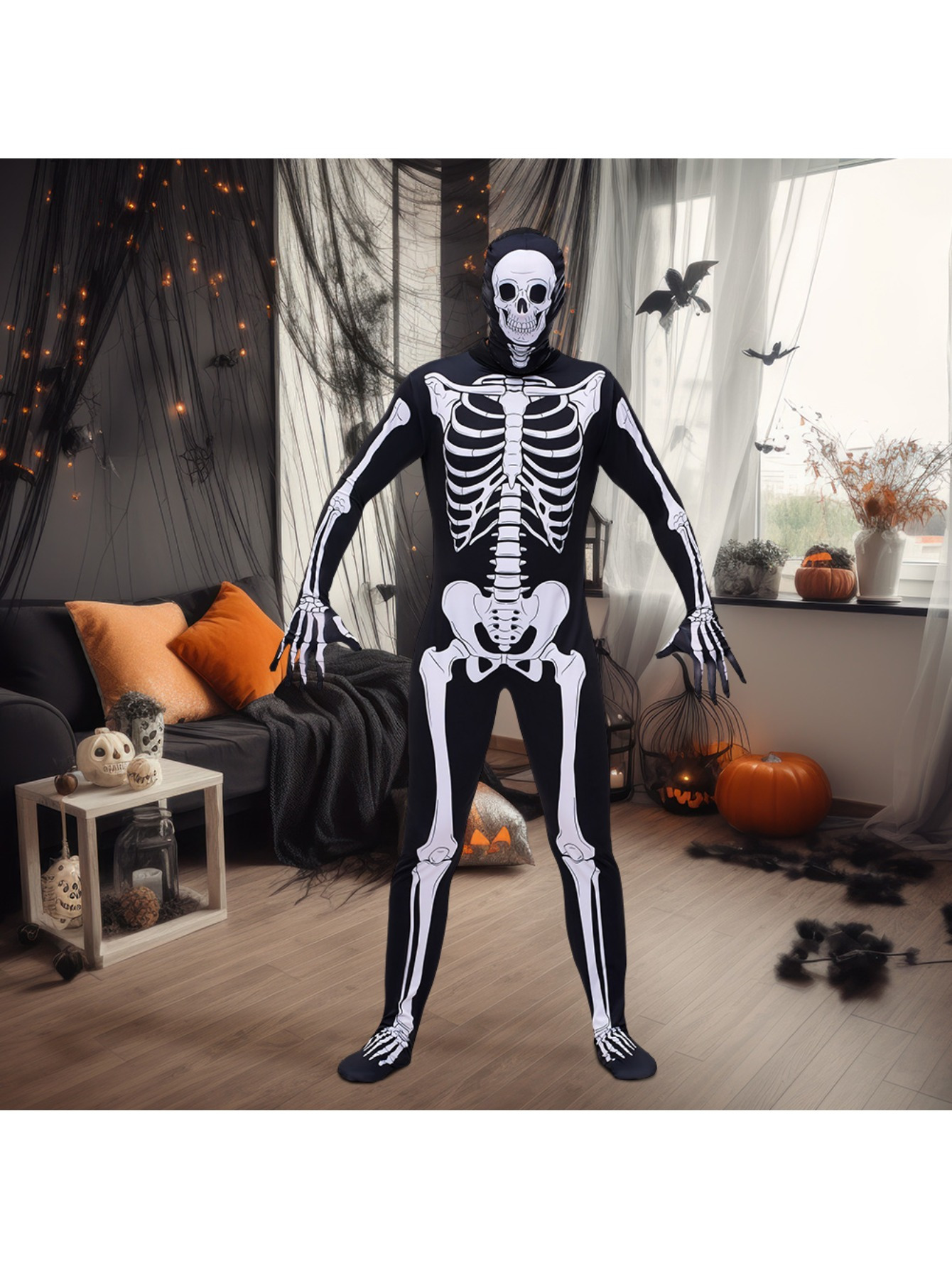 Halloween Skeleton Full Body Suit with Realistic Bone Structure